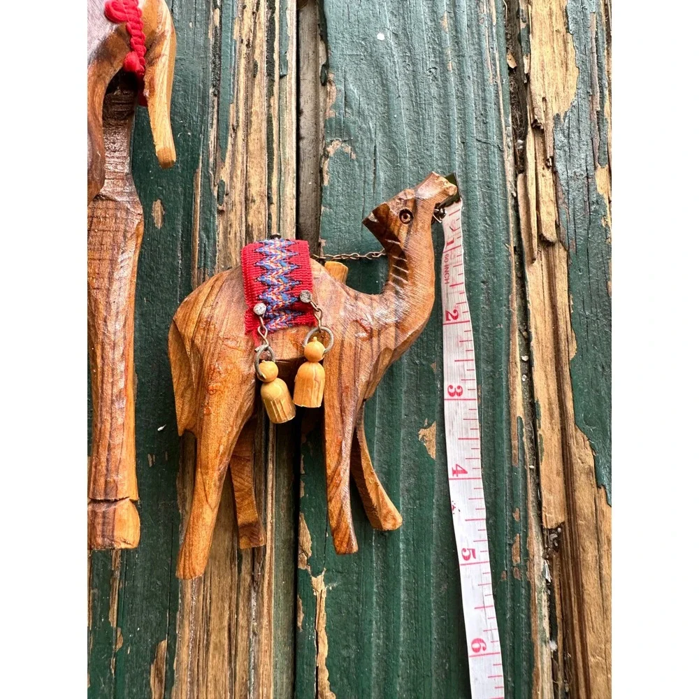 Vintage Hand Carved Olive Wood Camel Set‎ Figurines Middle Eastern Folk Art 2pc